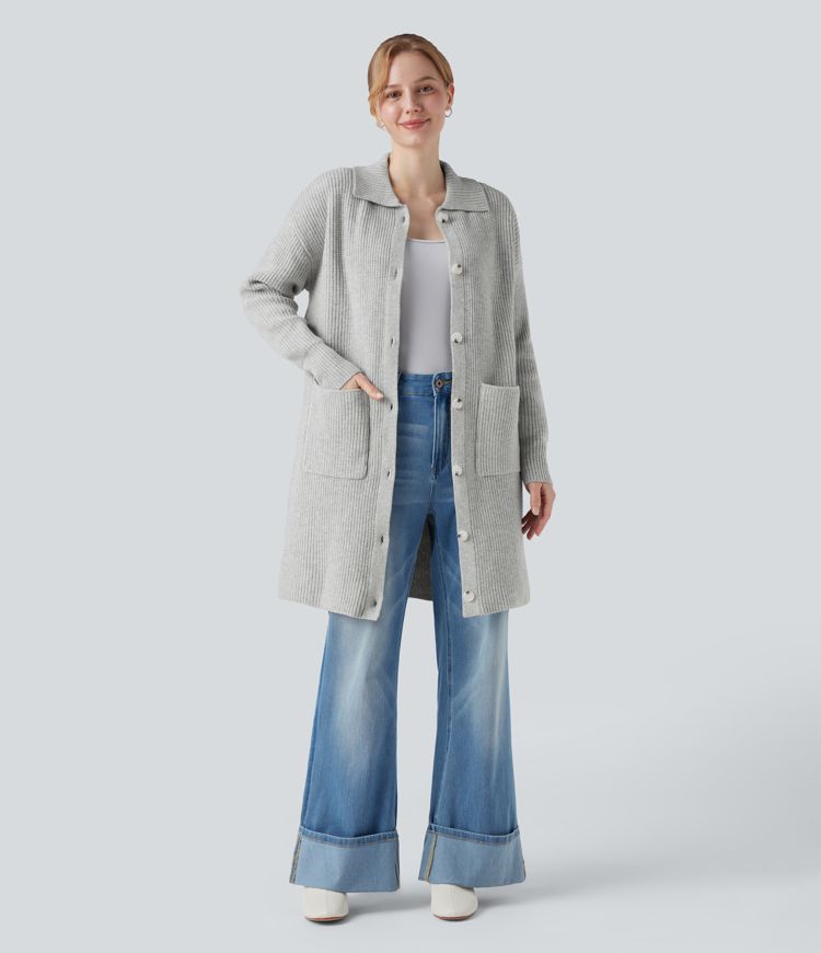 Collar Long Sleeve Button Fly Casual Longline Cardigan with Pockets