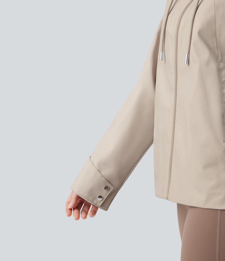 Waterproof Removable Hood Drawstring Long Sleeve Zipper Casual Windbreaker Jacket with Pockets