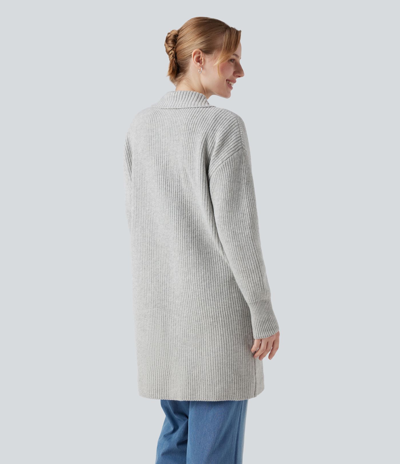 Collar Long Sleeve Button Fly Casual Longline Cardigan with Pockets