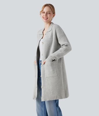 Collar Long Sleeve Button Fly Casual Longline Cardigan with Pockets