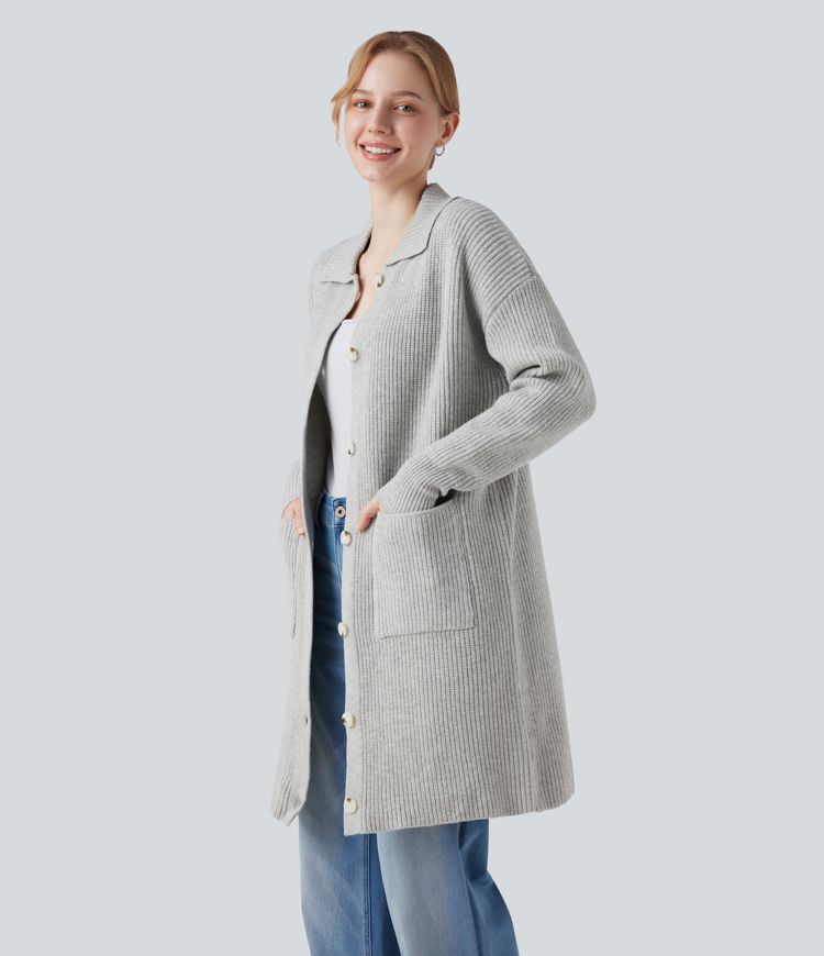 Collar Long Sleeve Button Fly Casual Longline Cardigan with Pockets