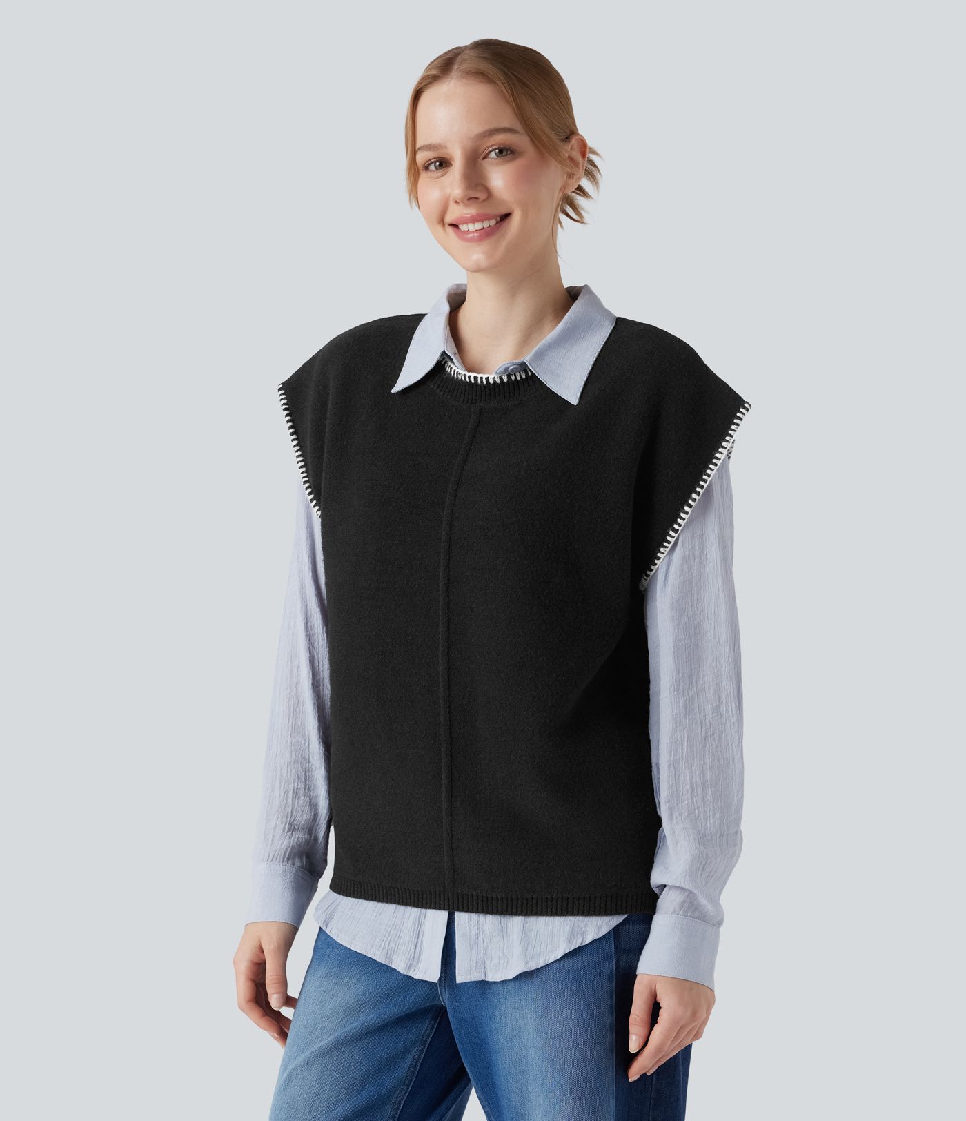 Round Neck Color Block Work Sweater Vest