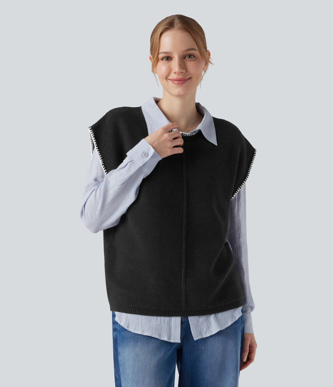 Round Neck Color Block Work Sweater Vest