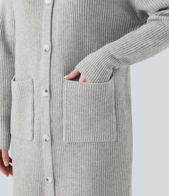 Collar Long Sleeve Button Fly Casual Longline Cardigan with Pockets