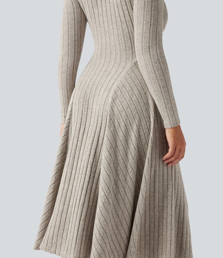 Ribbed Knit V Neck Long Sleeve Flare Midi Casual Dress