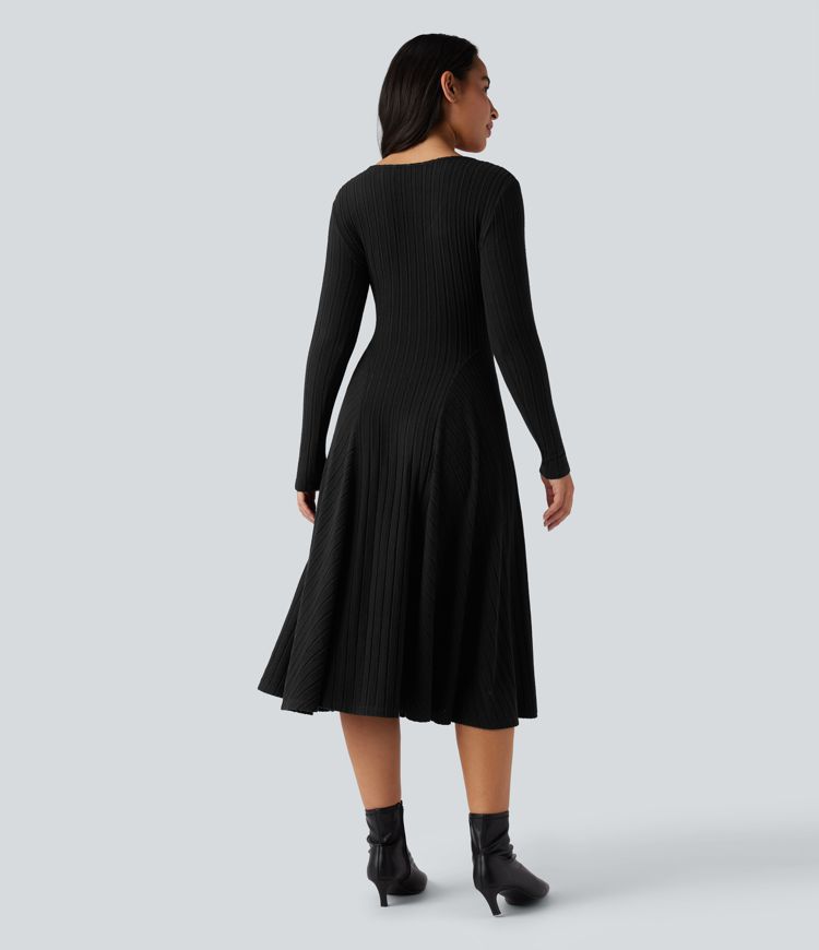 Ribbed Knit V Neck Long Sleeve Flare Midi Casual Dress