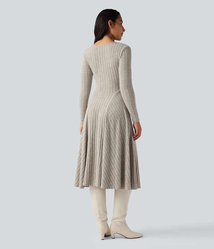 Ribbed Knit V Neck Long Sleeve Flare Midi Casual Dress