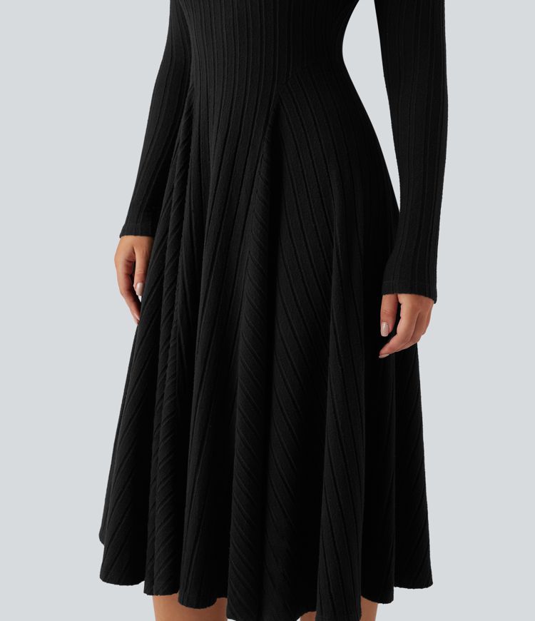 Ribbed Knit V Neck Long Sleeve Flare Midi Casual Dress