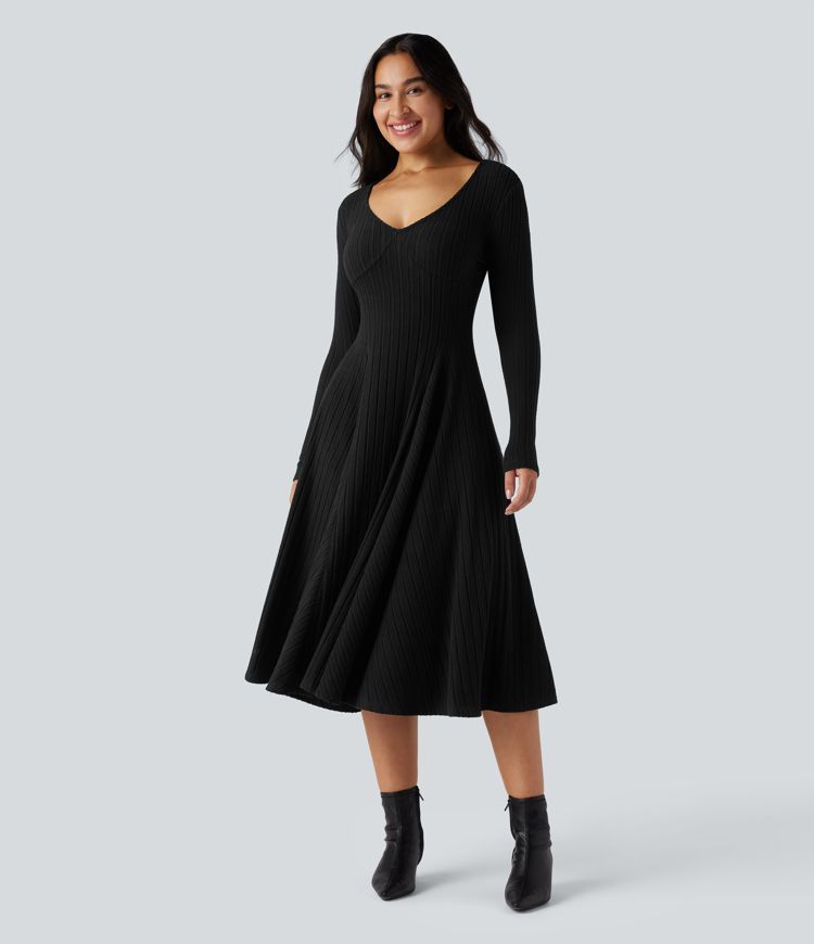 Ribbed Knit V Neck Long Sleeve Flare Midi Casual Dress