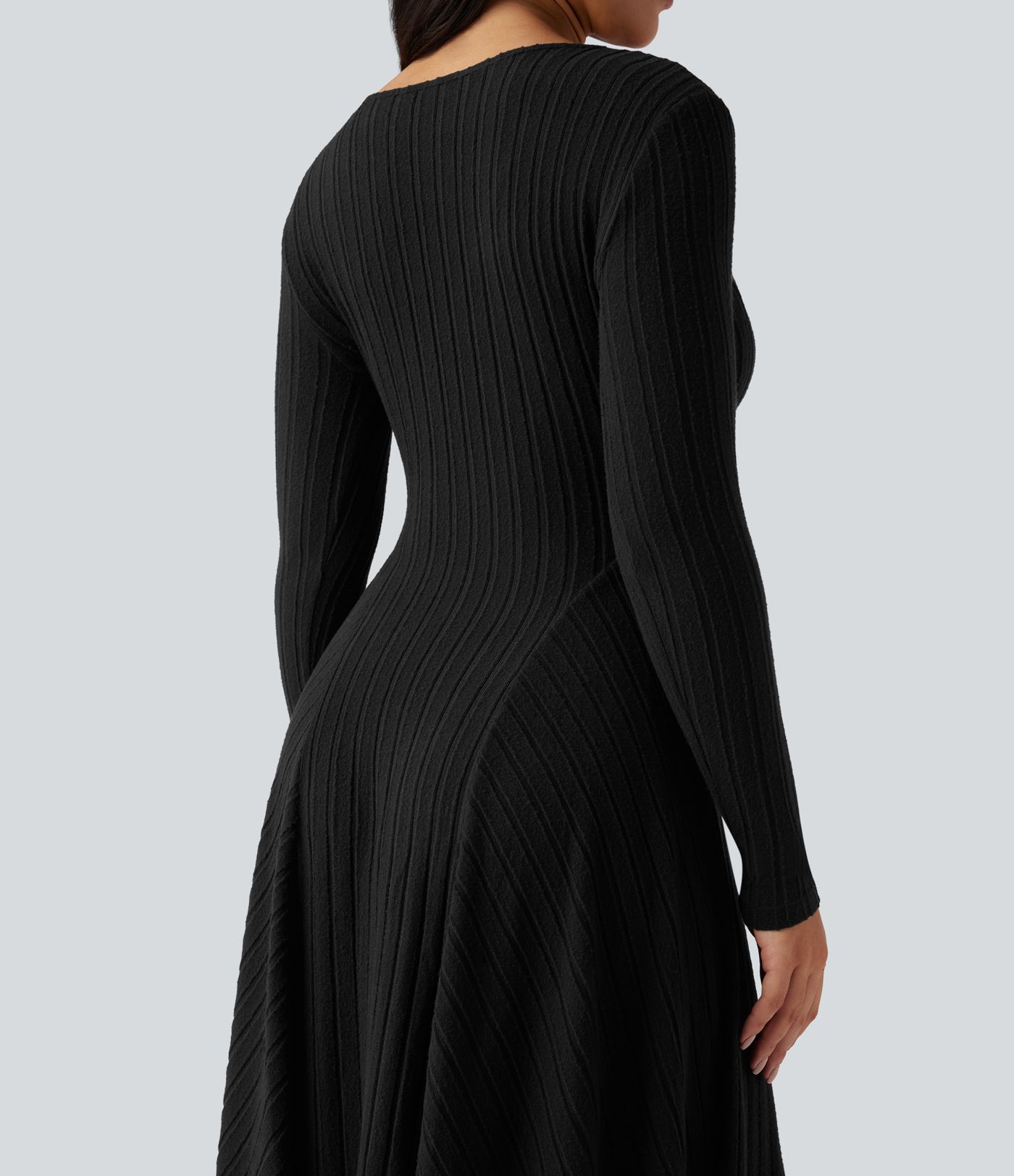 Ribbed Knit V Neck Long Sleeve Flare Midi Casual Dress
