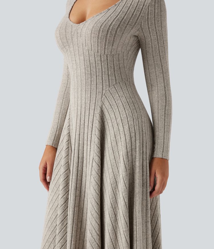 Ribbed Knit V Neck Long Sleeve Flare Midi Casual Dress
