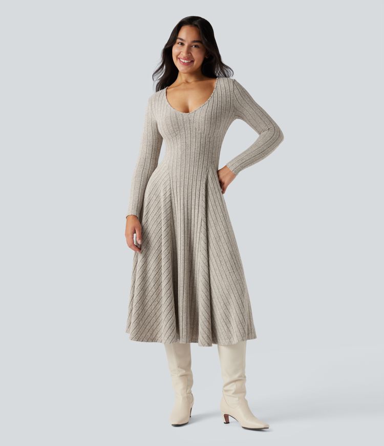 Ribbed Knit V Neck Long Sleeve Flare Midi Casual Dress