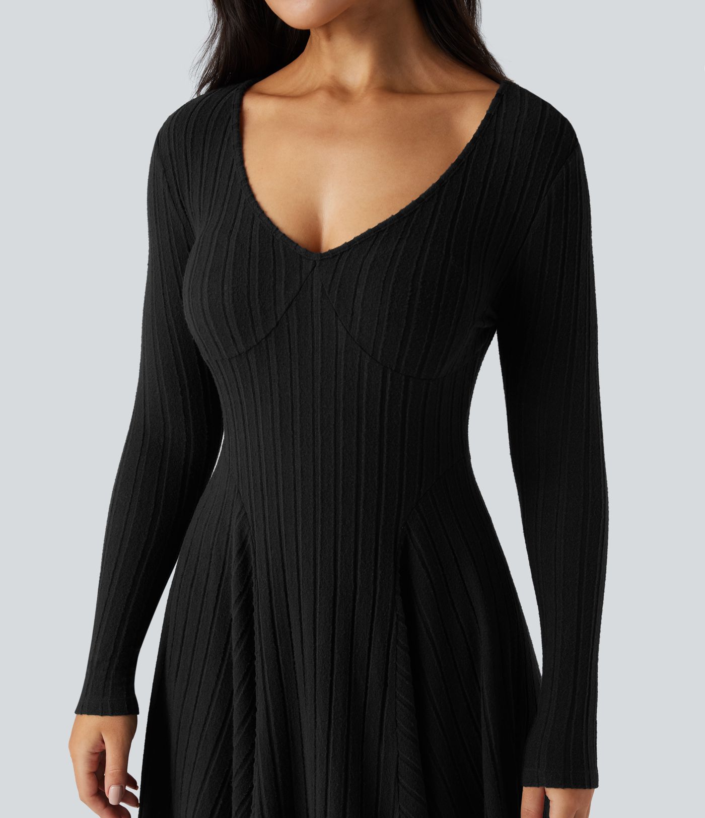 Ribbed Knit V Neck Long Sleeve Flare Midi Casual Dress