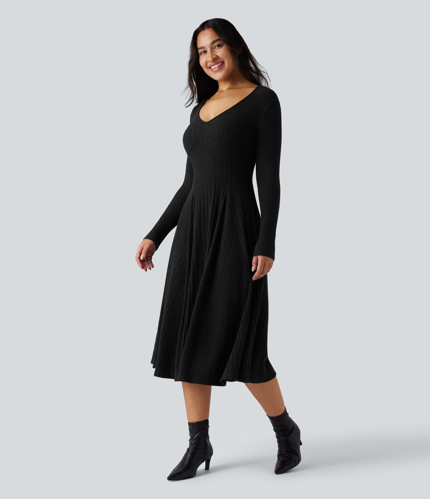 Ribbed Knit V Neck Long Sleeve Flare Midi Casual Dress