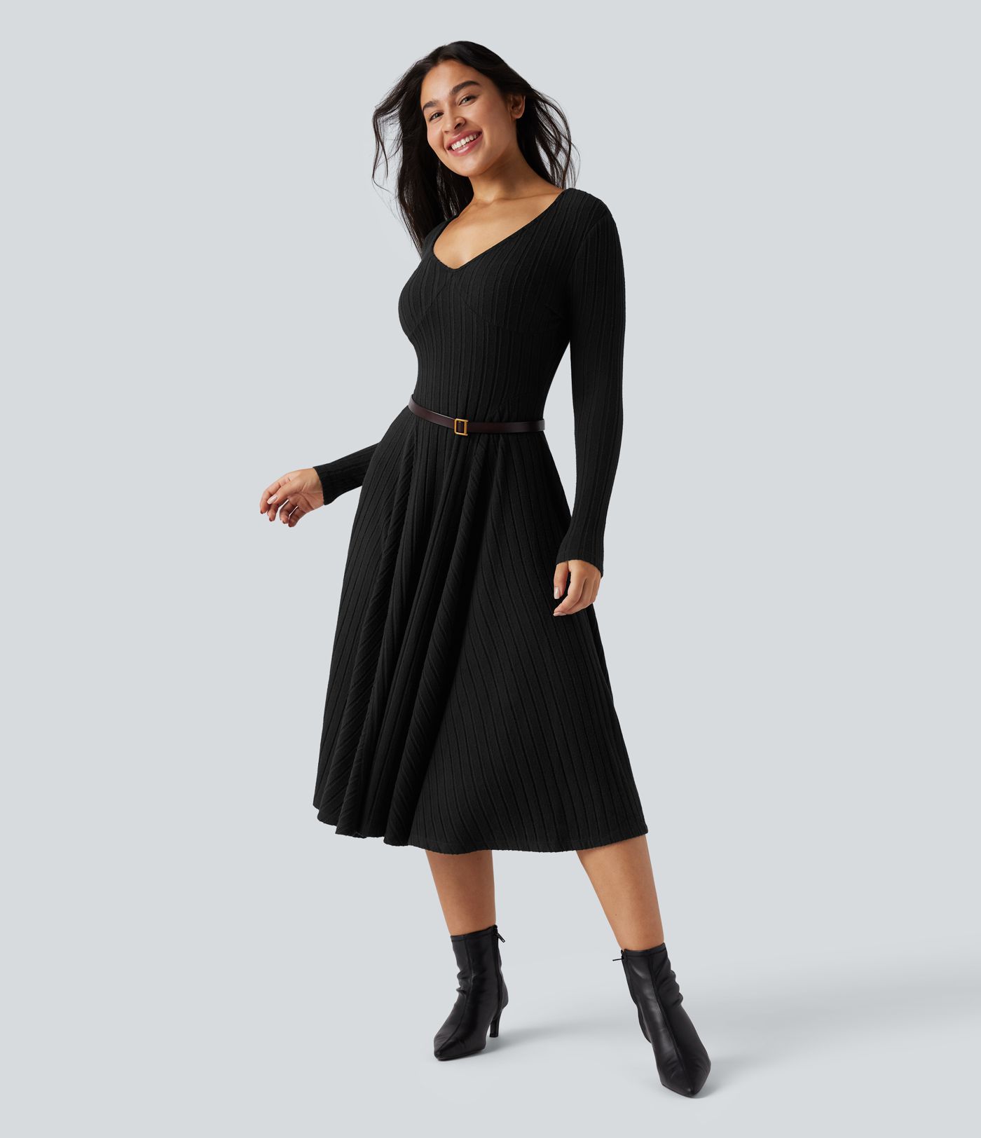 Ribbed Knit V Neck Long Sleeve Flare Midi Casual Dress