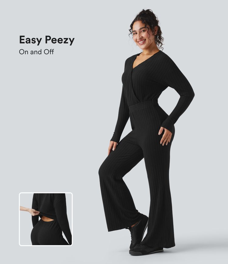 Ribbed Knit V-neck Long Sleeve Casual Jumpsuit-Easy Peezy