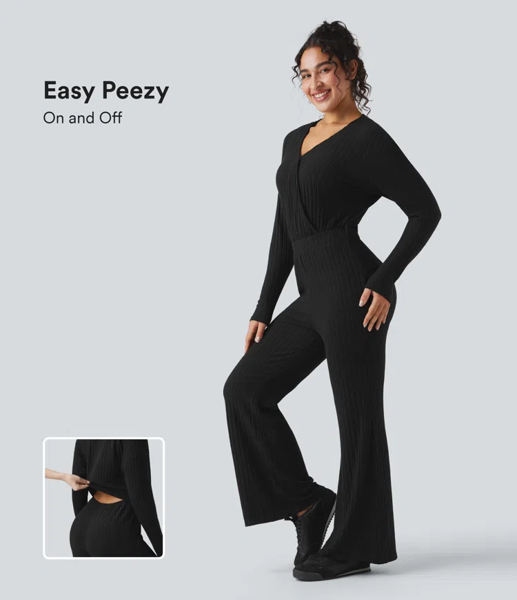 Ribbed Knit V-neck Long Sleeve Casual Jumpsuit-Easy Peezy