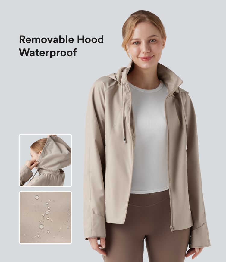 Waterproof Removable Hood Drawstring Long Sleeve Zipper Casual Windbreaker Jacket with Pockets