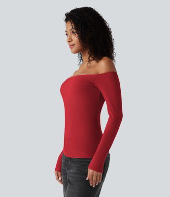 Ribbed Knit Off Shoulder Long Sleeve Women Built in bra Casual Crop Top