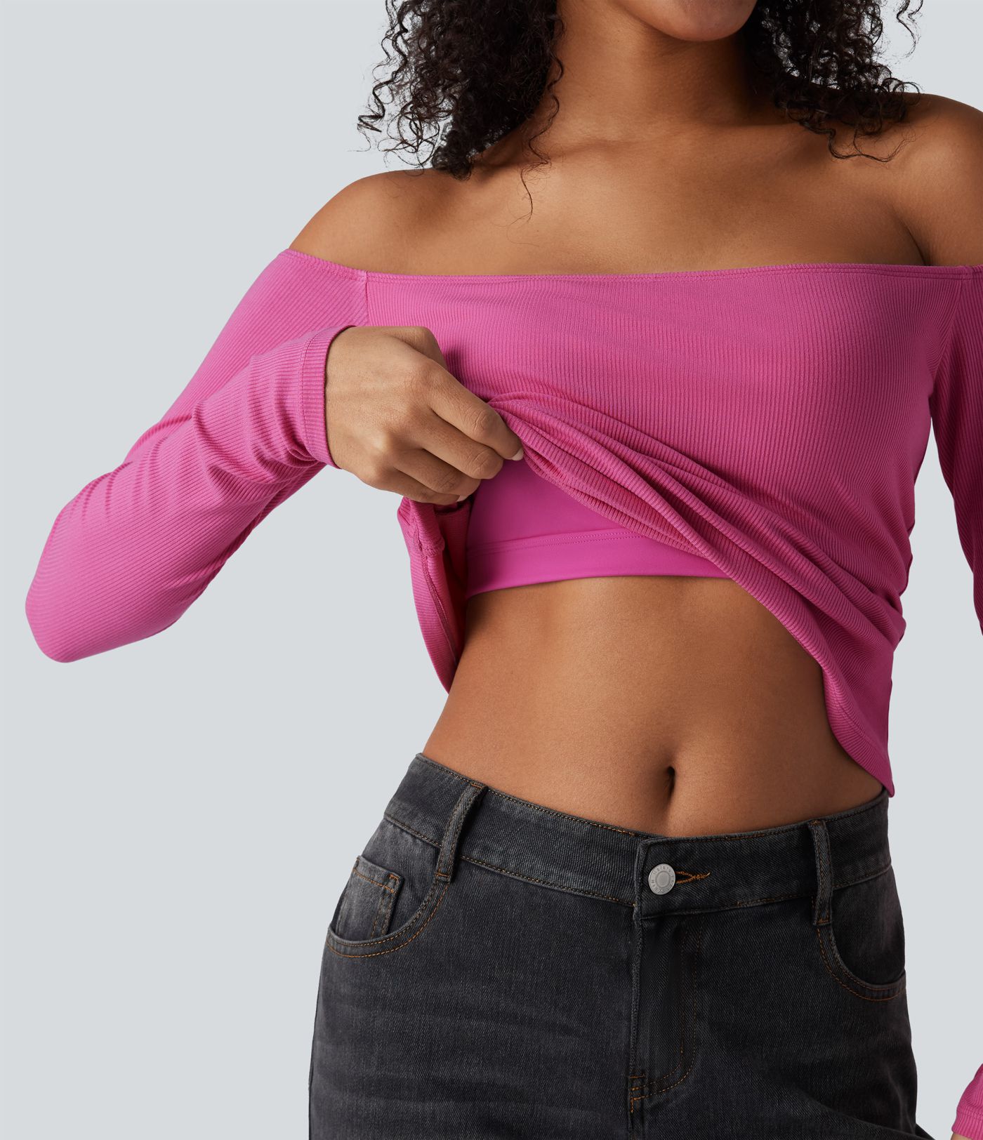 Ribbed Knit Off Shoulder Long Sleeve Women Built in bra Casual Crop Top