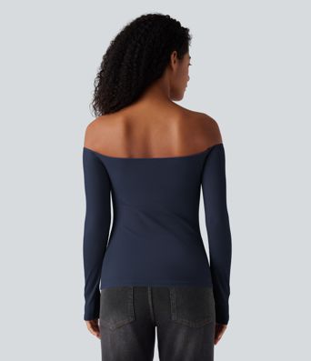 Ribbed Knit Off Shoulder Long Sleeve 2-in-1 Casual Top