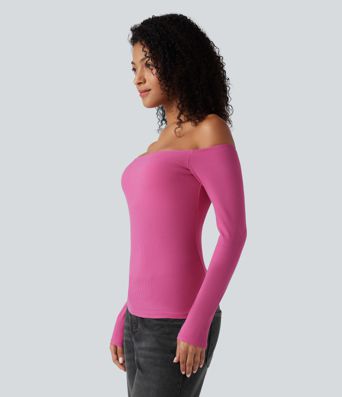 Ribbed Knit Off Shoulder Long Sleeve Women Built in bra Casual Crop Top