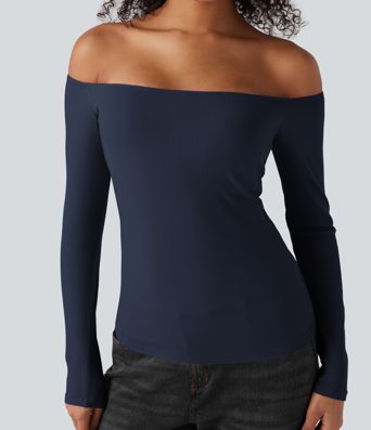 Ribbed Knit Off Shoulder Long Sleeve 2-in-1 Casual Top