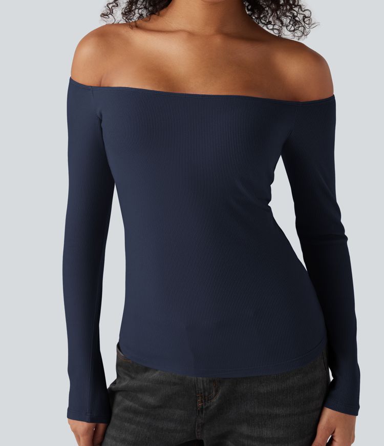 Ribbed Knit Off Shoulder Long Sleeve 2-in-1 Casual Top