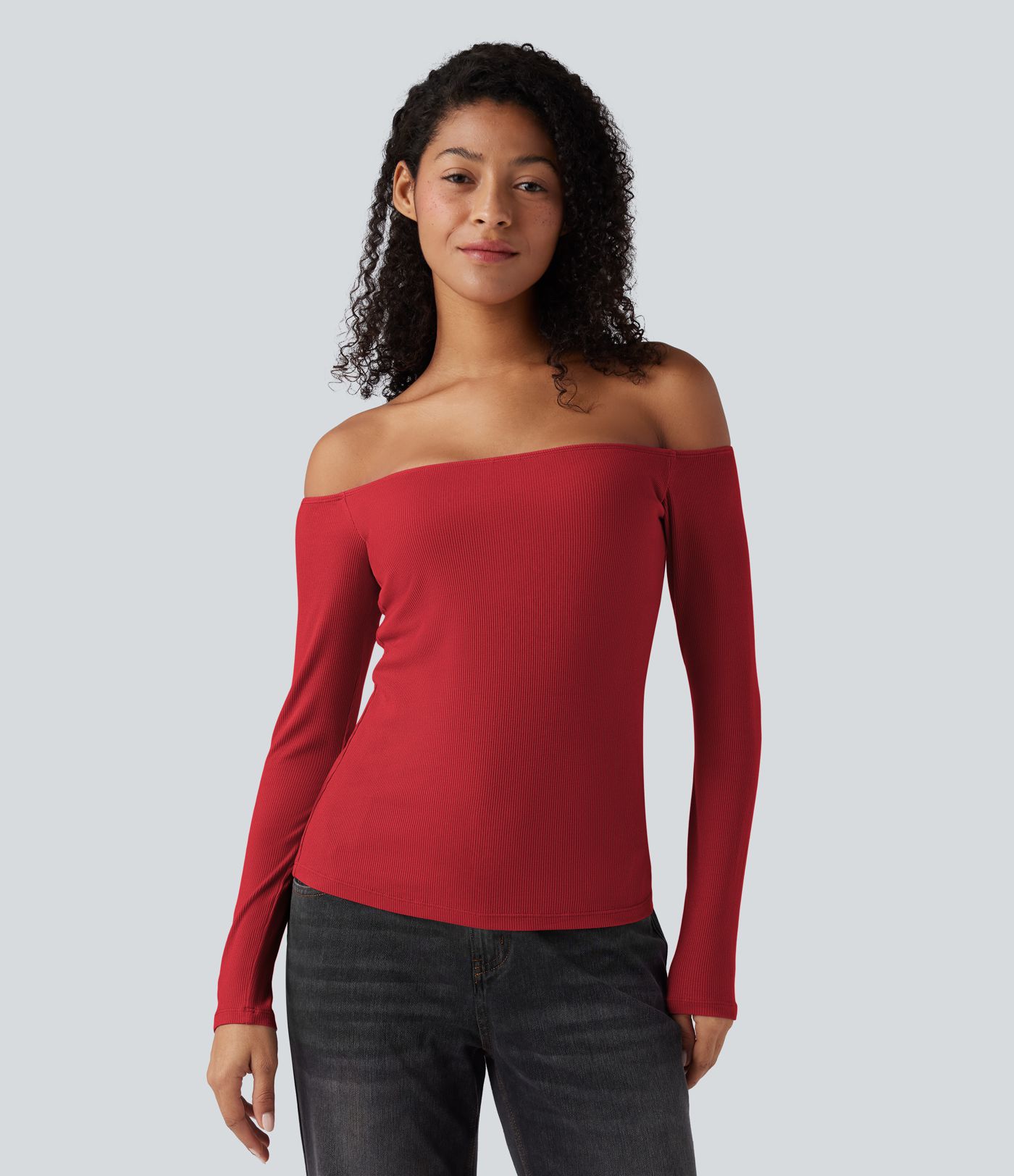 Ribbed Knit Off Shoulder Long Sleeve Women Built in bra Casual Crop Top