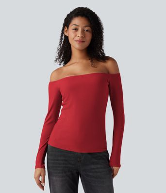 Ribbed Knit Off Shoulder Long Sleeve Women Built in bra Casual Crop Top