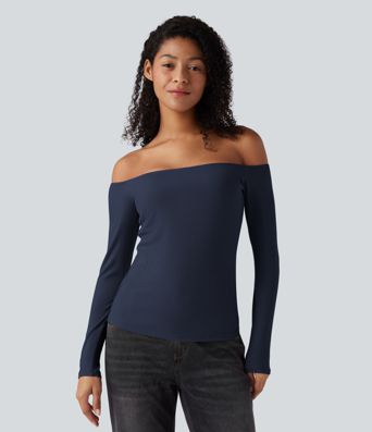 Ribbed Knit Off Shoulder Long Sleeve 2-in-1 Casual Top