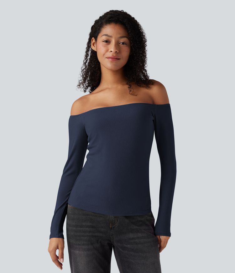 Ribbed Knit Off Shoulder Long Sleeve 2-in-1 Casual Top