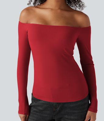 Ribbed Knit Off Shoulder Long Sleeve Women Built in bra Casual Crop Top