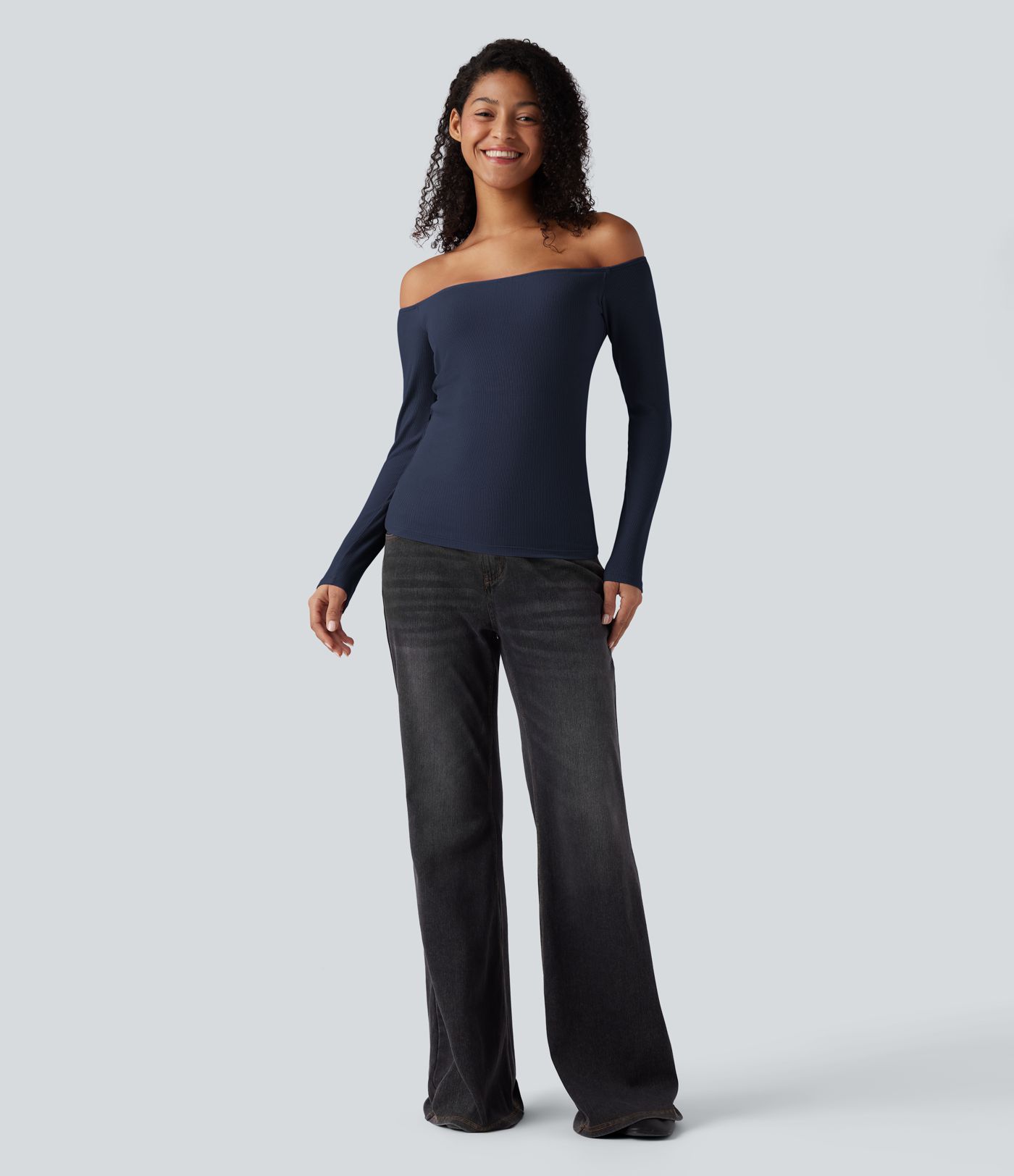 Ribbed Knit Off Shoulder Long Sleeve 2-in-1 Casual Top