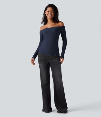 Ribbed Knit Off Shoulder Long Sleeve 2-in-1 Casual Top
