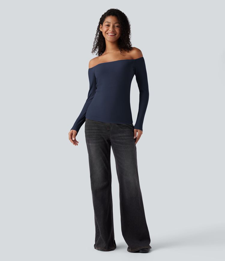 Ribbed Knit Off Shoulder Long Sleeve 2-in-1 Casual Top