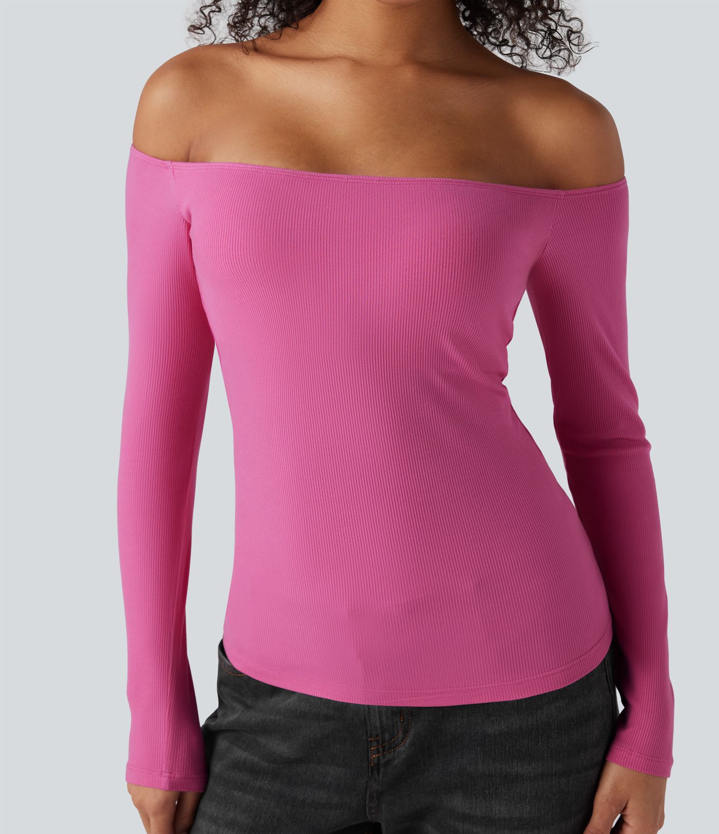 Ribbed Knit Off Shoulder Long Sleeve Women Built in bra Casual Crop Top
