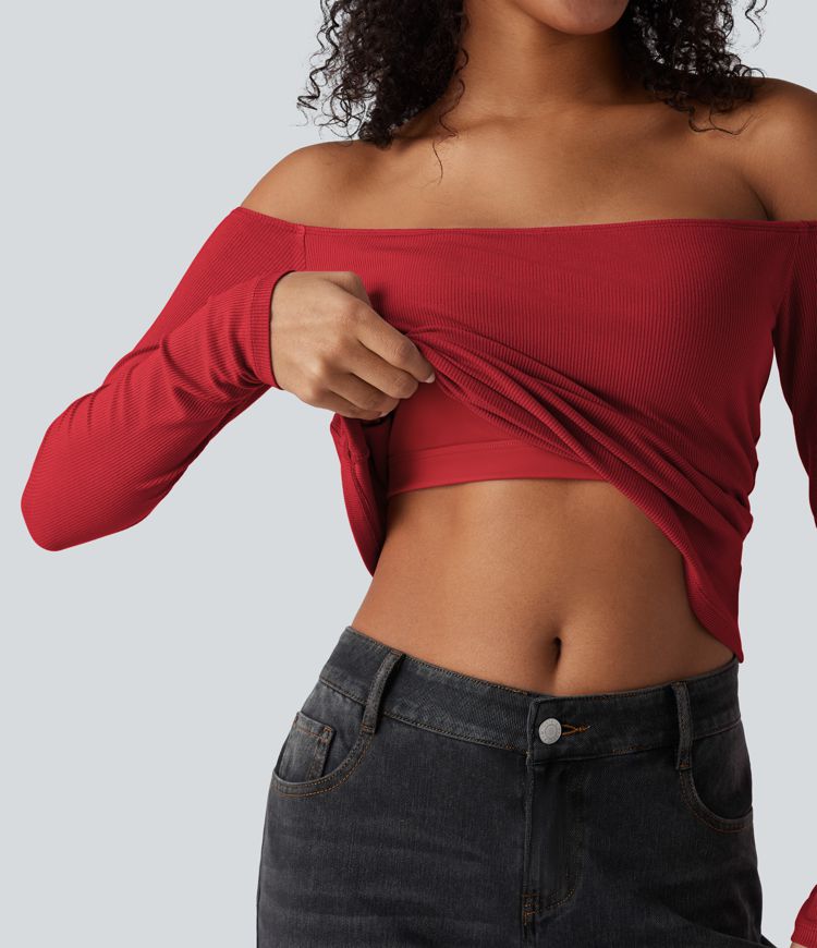 Ribbed Knit Off Shoulder Long Sleeve Women Built in bra Casual Crop Top