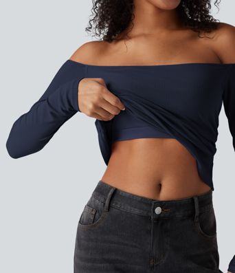Ribbed Knit Off Shoulder Long Sleeve 2-in-1 Casual Top