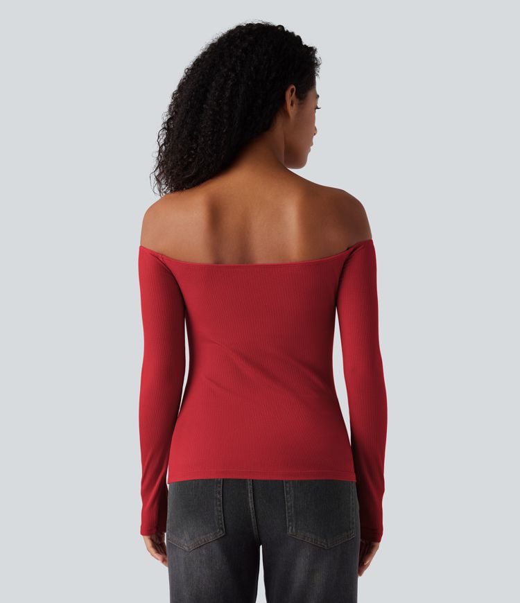 Ribbed Knit Off Shoulder Long Sleeve Women Built in bra Casual Crop Top