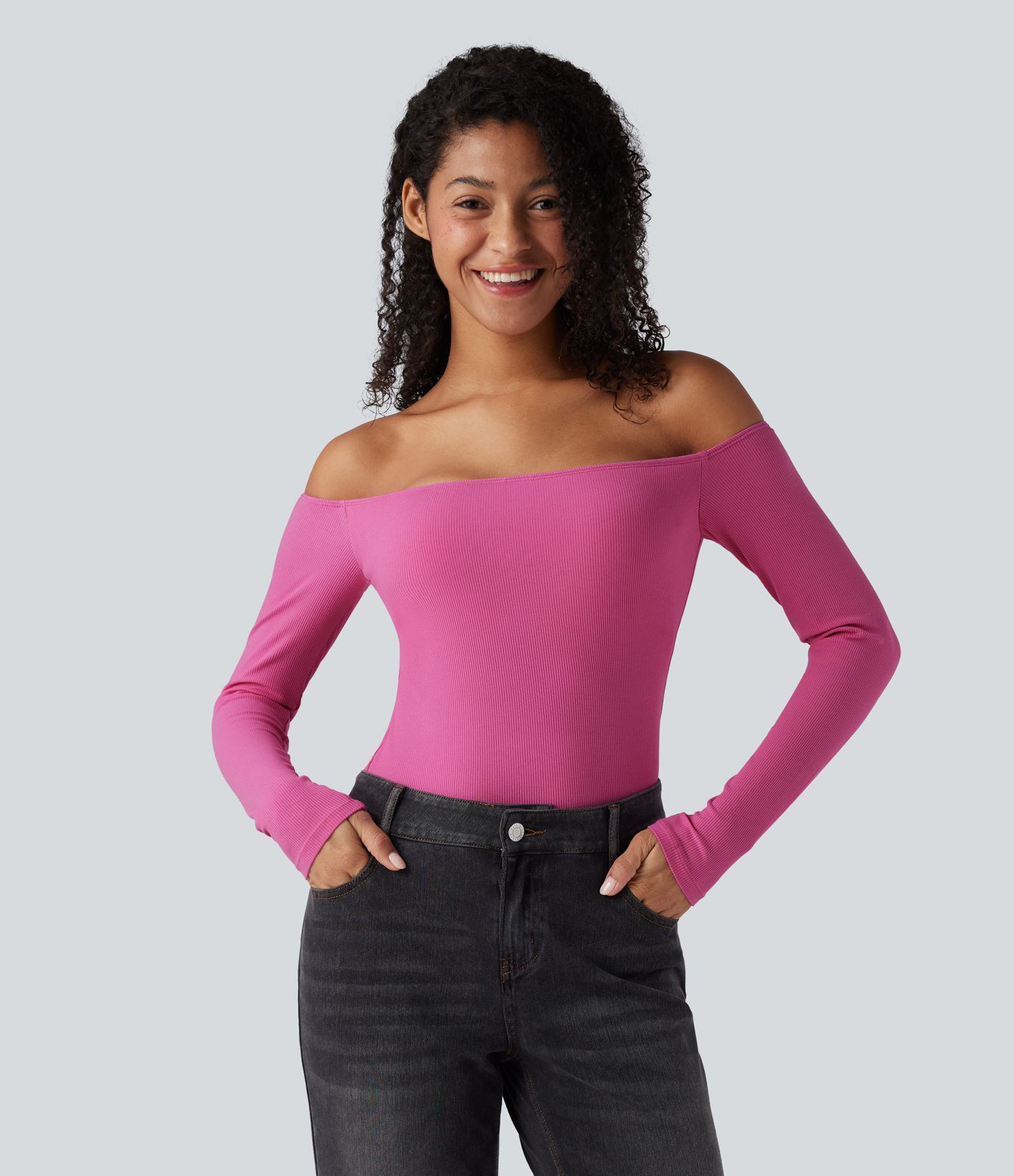Ribbed Knit Off Shoulder Long Sleeve Women Built in bra Casual Crop Top