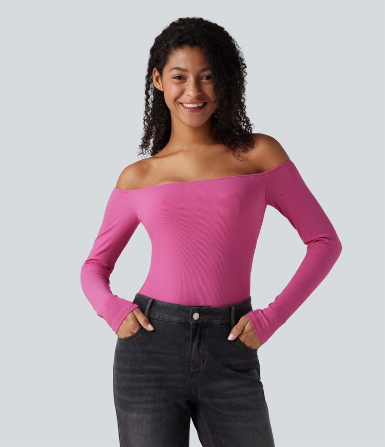 Ribbed Knit Off Shoulder Long Sleeve Women Built in bra Casual Crop Top