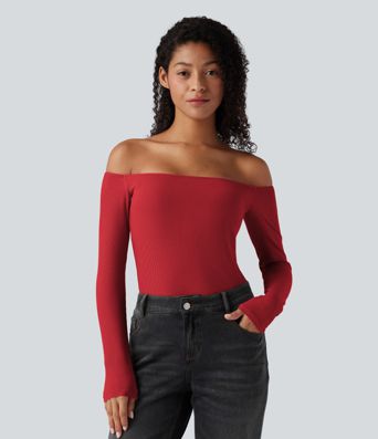 Ribbed Knit Off Shoulder Long Sleeve Women Built in bra Casual Crop Top