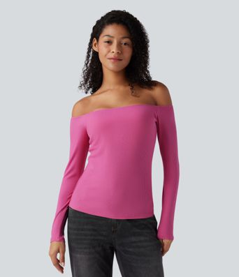 Ribbed Knit Off Shoulder Long Sleeve Women Built in bra Casual Crop Top