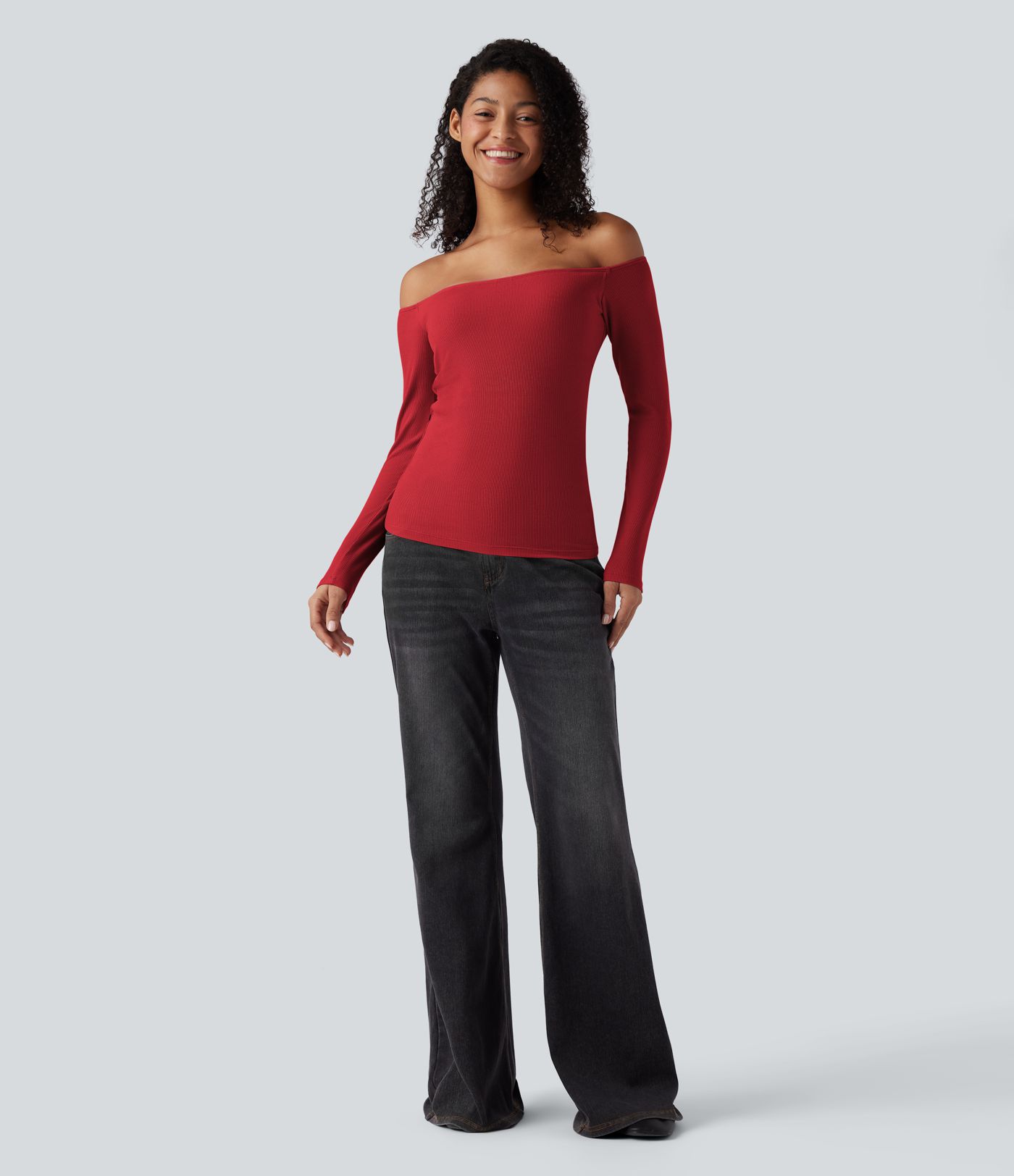 Ribbed Knit Off Shoulder Long Sleeve Women Built in bra Casual Crop Top