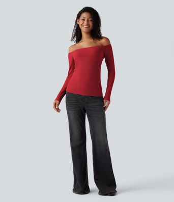 Ribbed Knit Off Shoulder Long Sleeve Women Built in bra Casual Crop Top