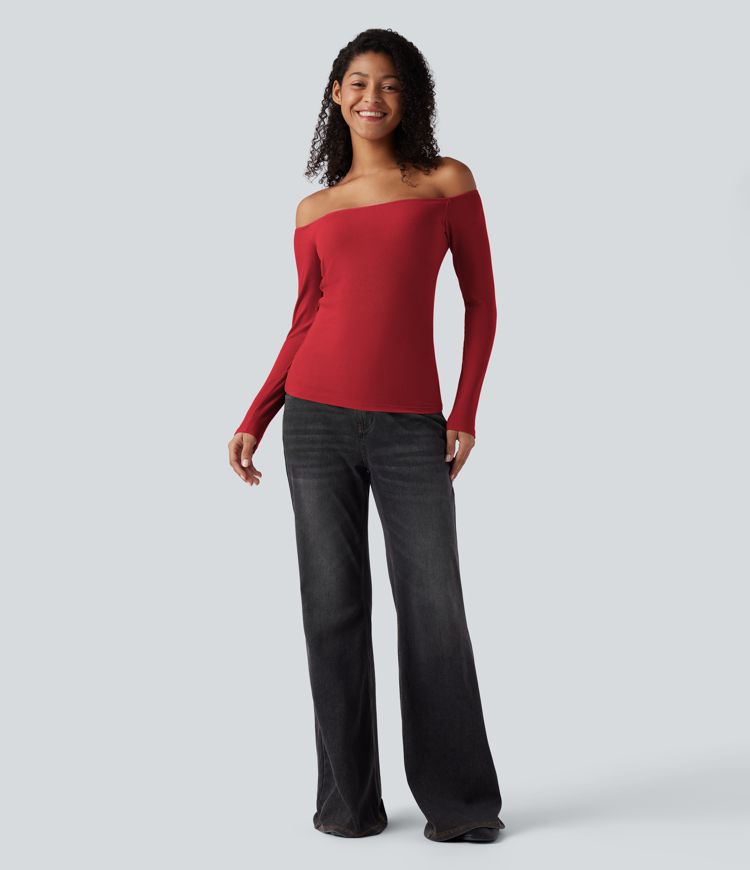 Ribbed Knit Off Shoulder Long Sleeve Women Built in bra Casual Crop Top