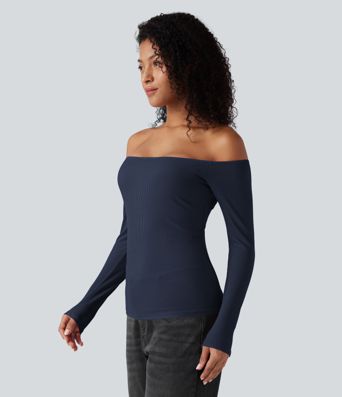 Ribbed Knit Off Shoulder Long Sleeve 2-in-1 Casual Top
