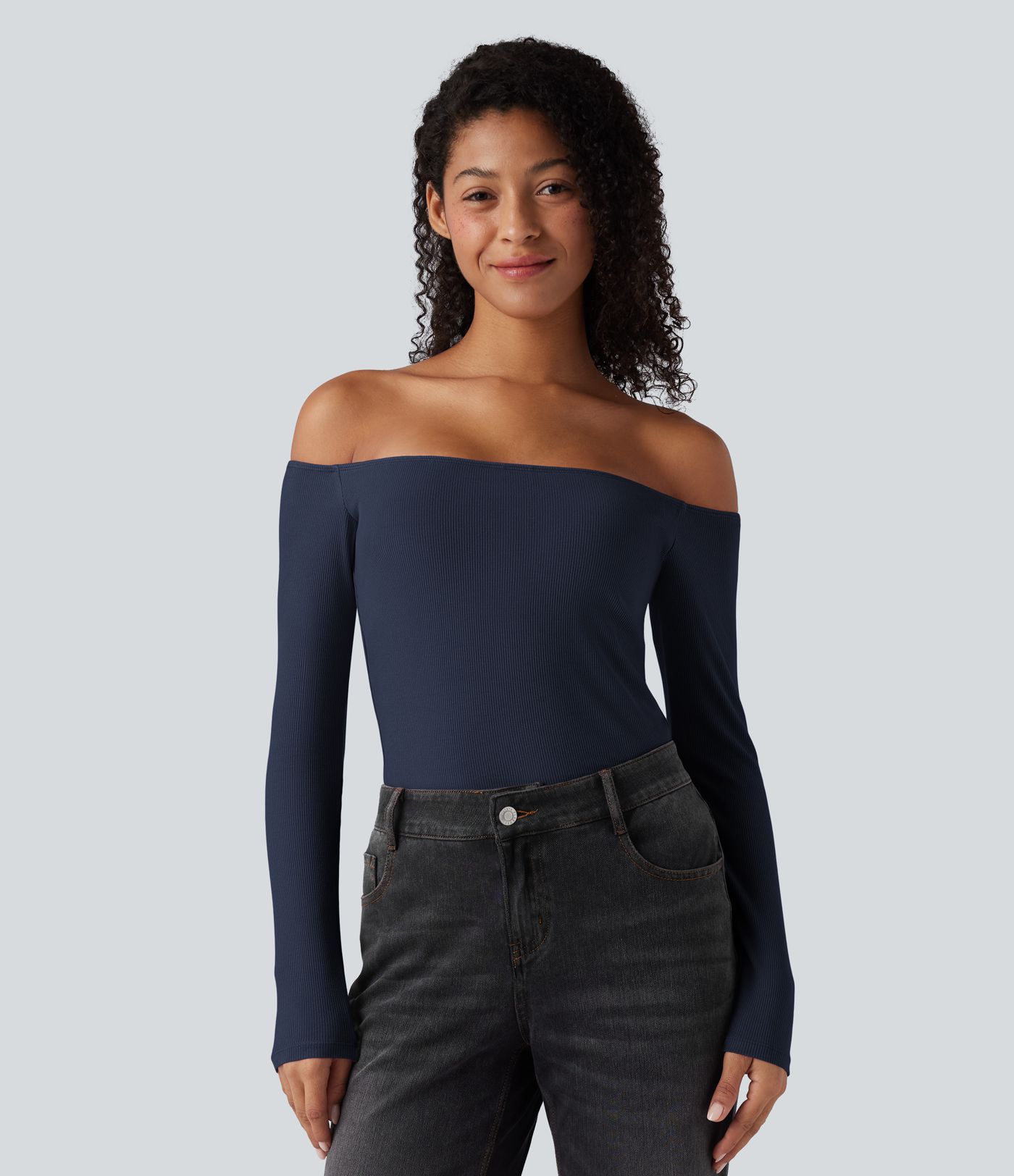 Ribbed Knit Off Shoulder Long Sleeve 2-in-1 Casual Top