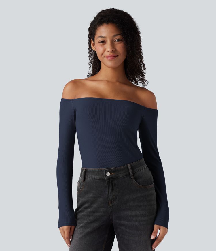 Ribbed Knit Off Shoulder Long Sleeve 2-in-1 Casual Top